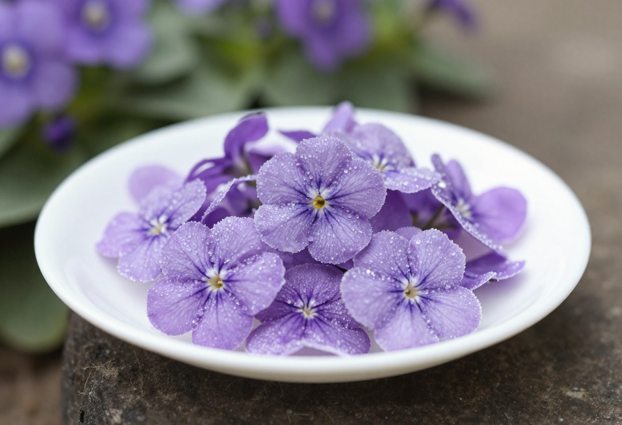 A small white plate of crystallized sugared violet flowers, delicate purple petals coated in sparkling sugar crystals