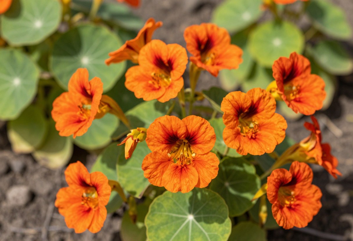 Vivid orange and red nasturtium flowers with round lily-pad-like leaves in a garden bed