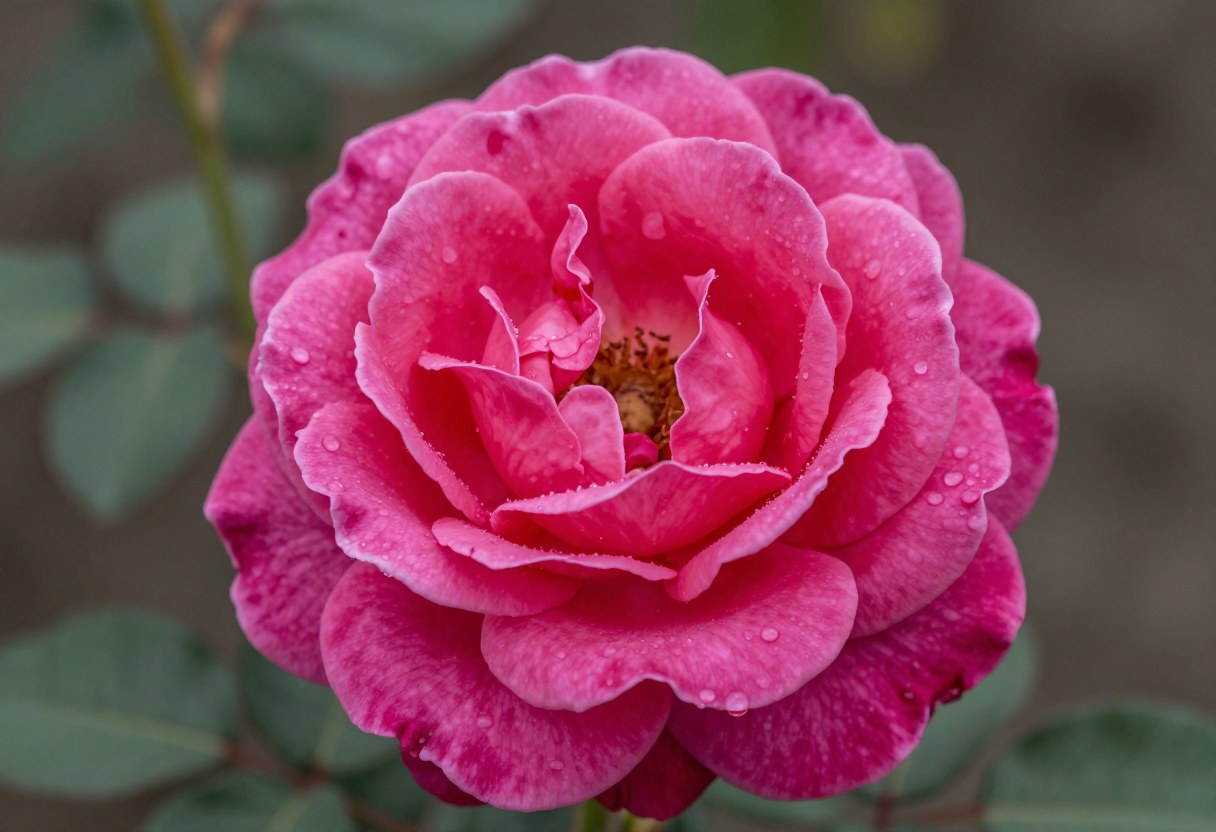 A deep pink fragrant garden rose with dew on the petals, ready for harvest