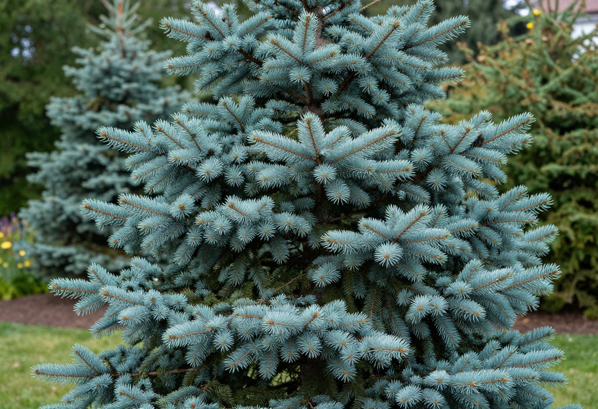A striking Colorado blue spruce tree with dense steel-blue needles in a perfectly symmetrical pyramid form