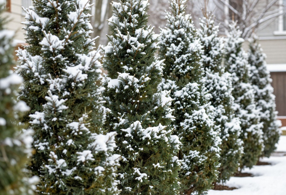 A row of tall dark green evergreen conifer trees dusted with fresh snow, providing structure in a winter garden landscape
