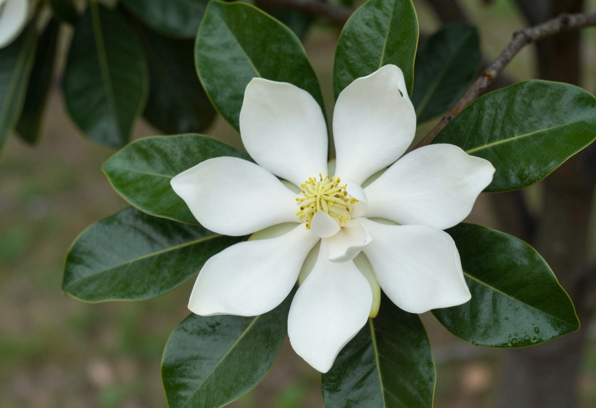 A Southern magnolia branch with a large glossy dark green leaf and an enormous white fragrant flower in full bloom