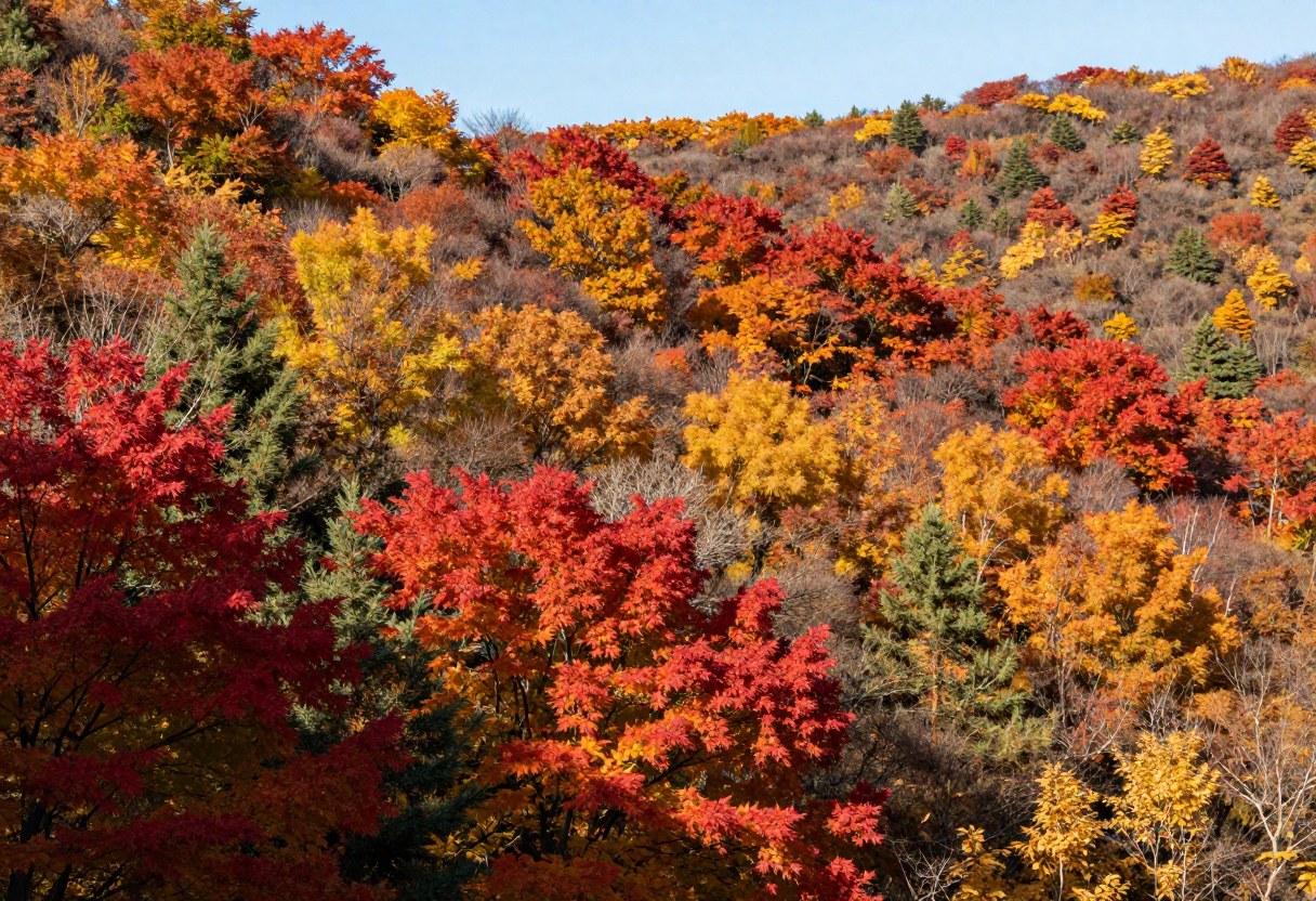 A wide view of a vivid multi-colored autumn forest hillside with trees in brilliant red, orange, and gold