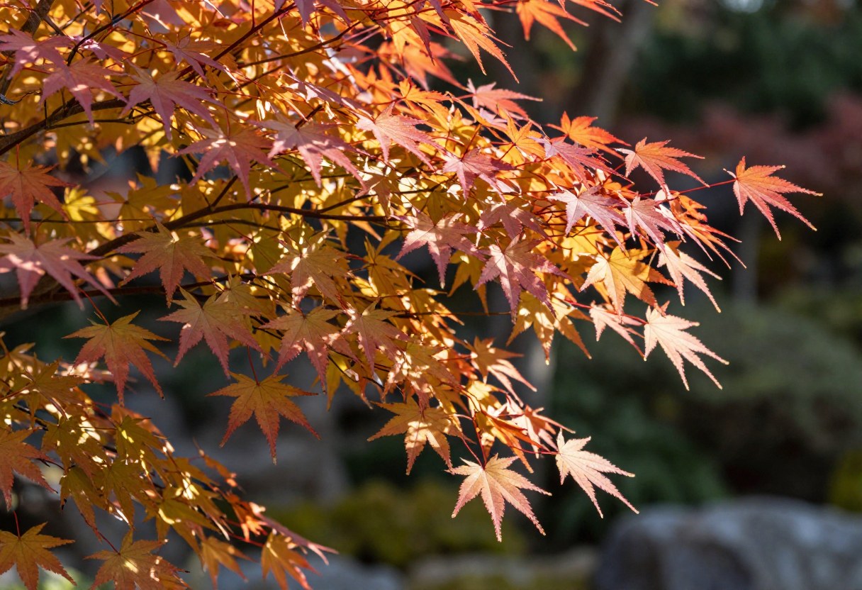 Backlit Japanese maple leaves glowing translucent red and gold in autumn sunlight