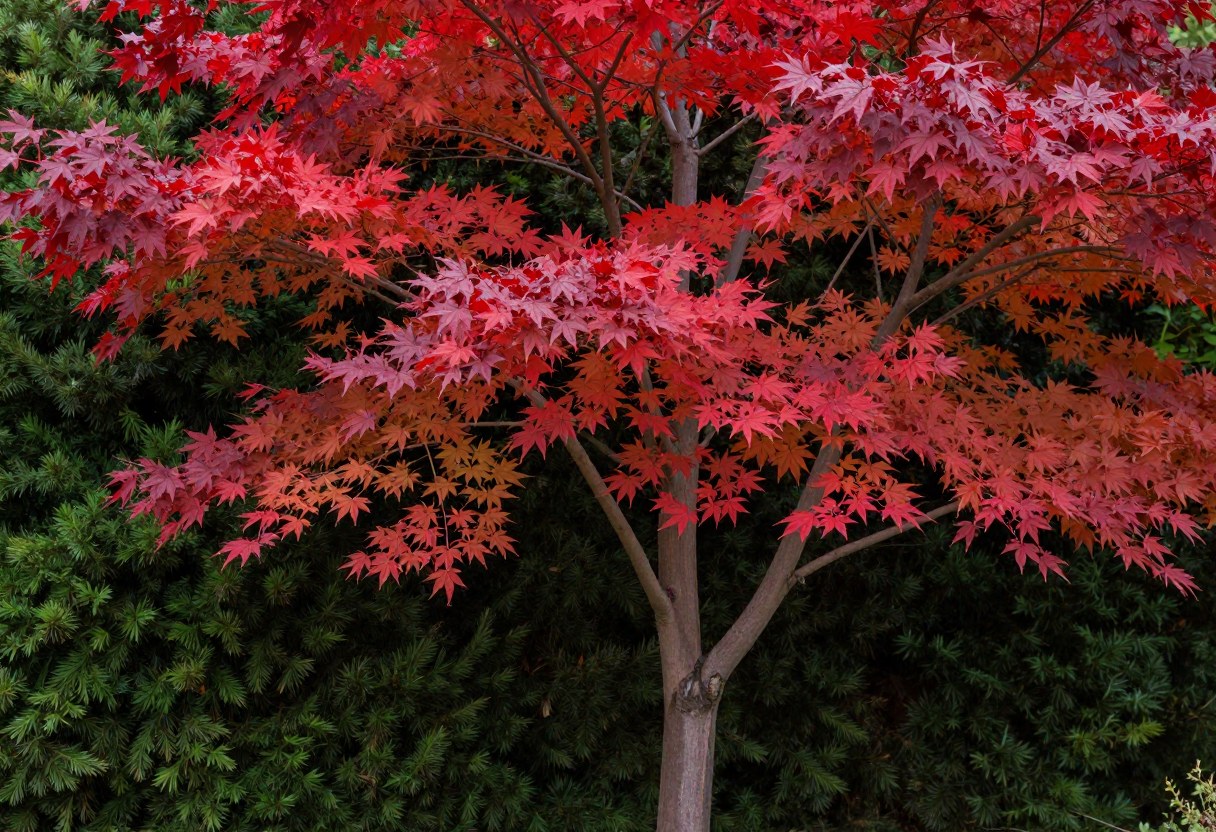 A vivid red maple tree in full autumn color standing in front of a dark green evergreen hedge