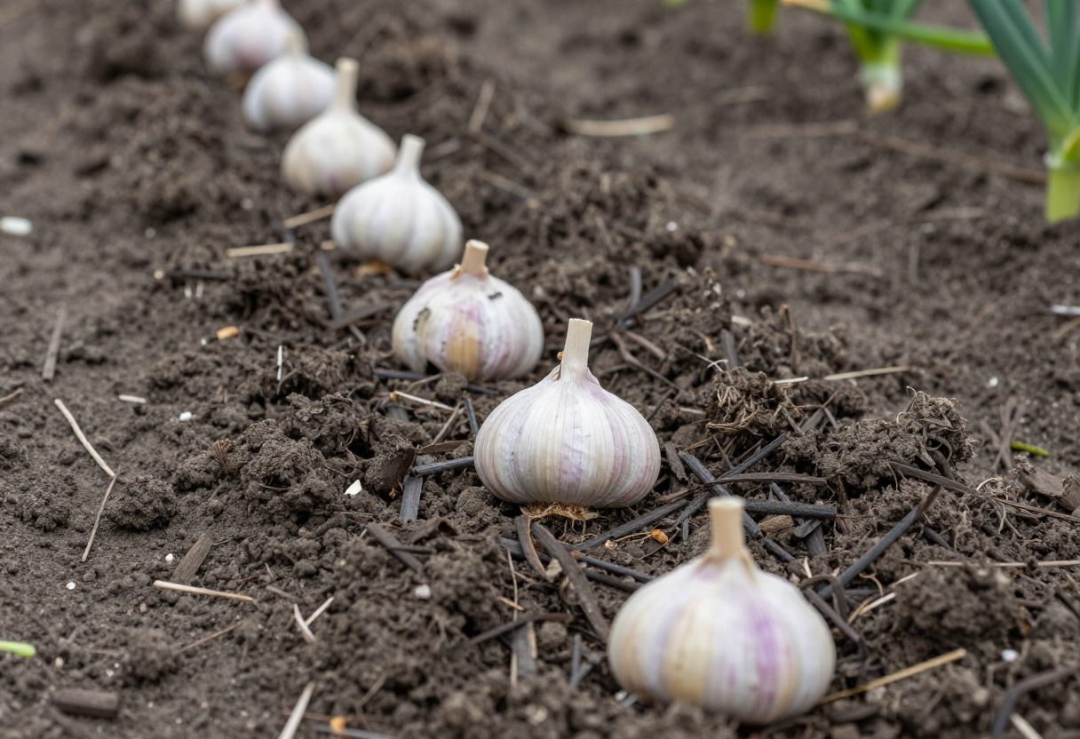 Individual garlic cloves being planted pointed-end up in a mulched garden row