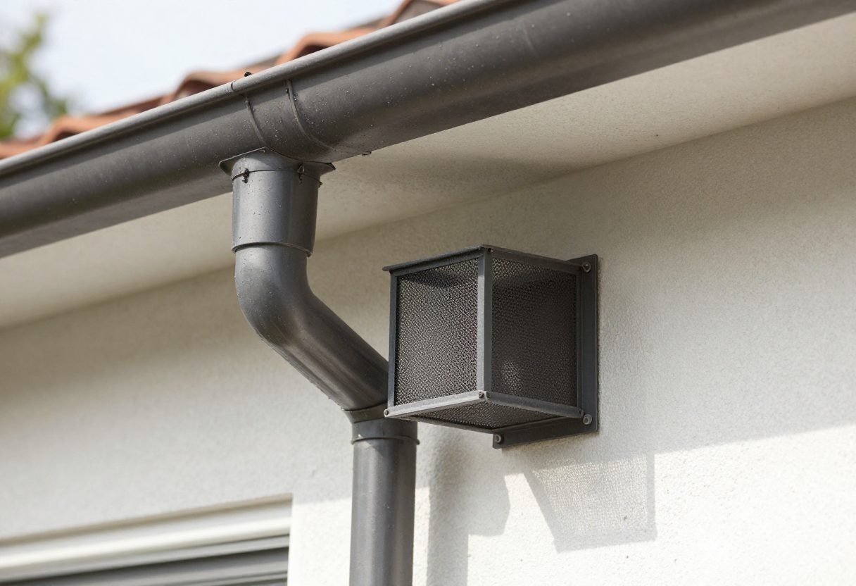Clean, debris-free house gutters and an ember-resistant vent screen close-up