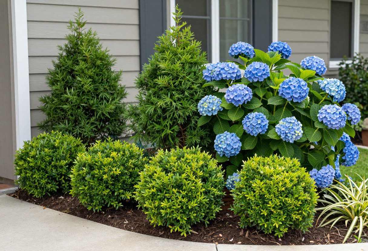 A foundation bed mixing evergreen boxwood with a flowering hydrangea shrub