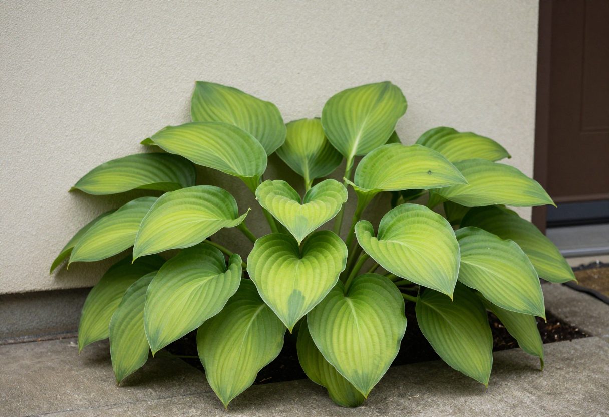 Shade-tolerant hosta plants thriving along a north-facing foundation wall