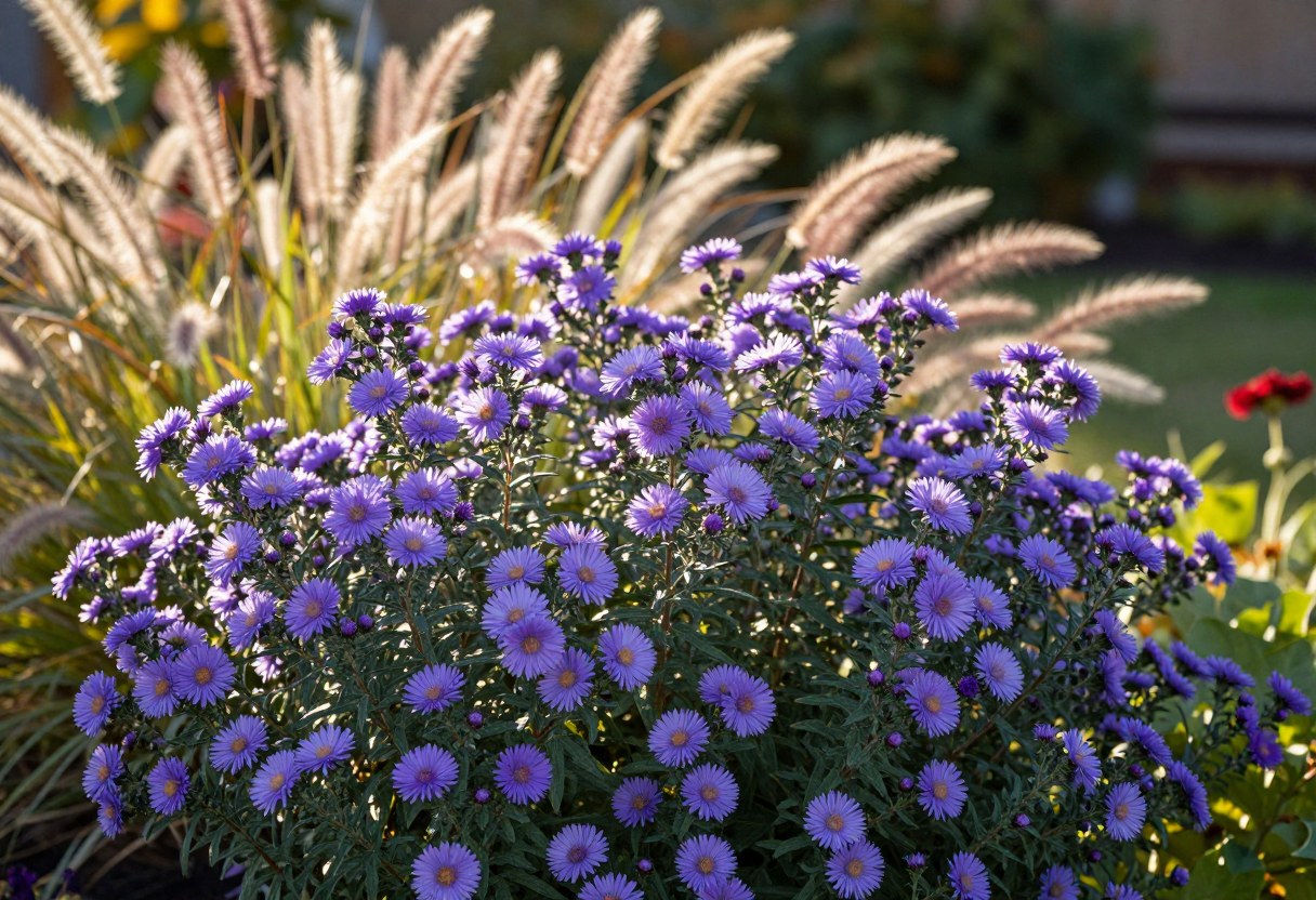 Purple New England asters and feathery ornamental grass plumes glowing in soft fall afternoon light