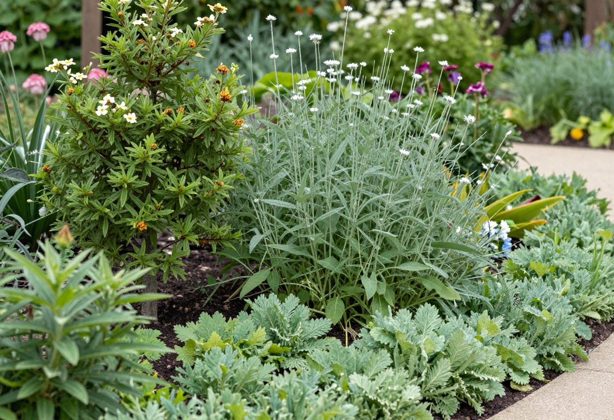 A well-layered garden border with a small flowering shrub, mid-height perennials, and low groundcover creating visual depth