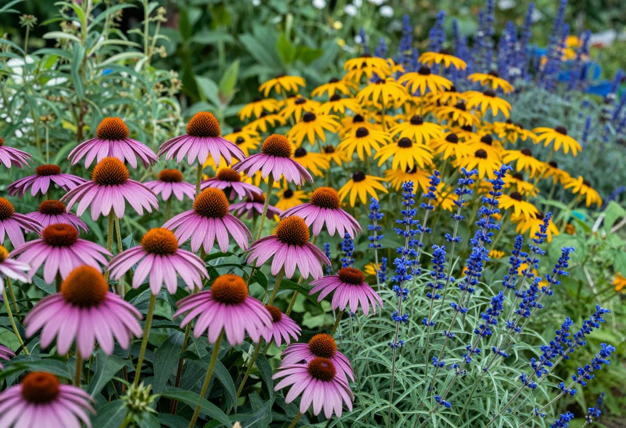 A lush summer garden border in full bloom with purple coneflowers, golden black-eyed susans, and blue salvia