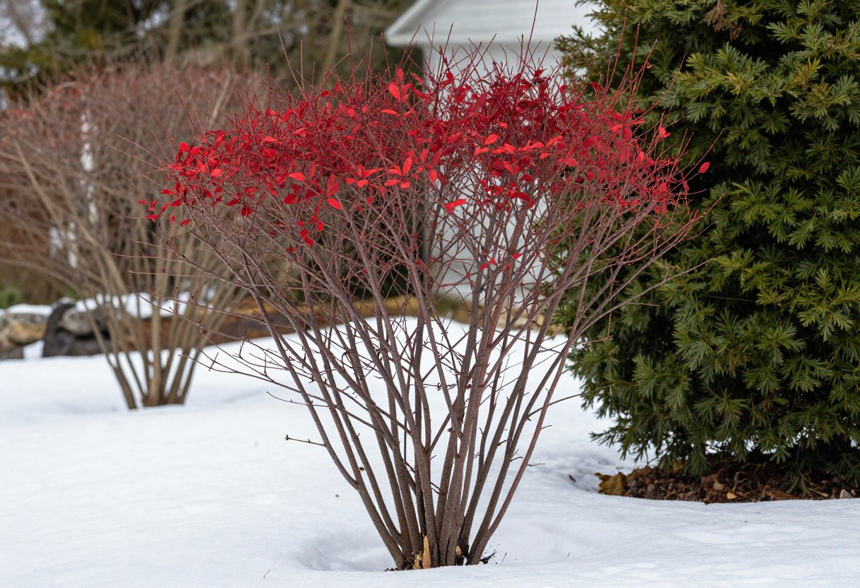 Bright red bare dogwood stems rising from snow-covered ground next to a dark green evergreen shrub in winter