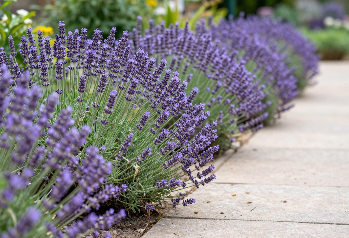 Purple lavender bushes lining the edge of a garden walkway, leaning slightly into the path