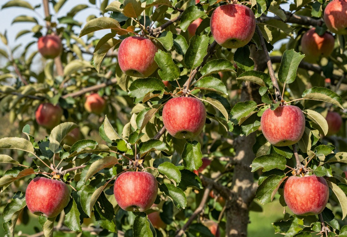 A fruit tree branch heavy with clusters of ripe red apples