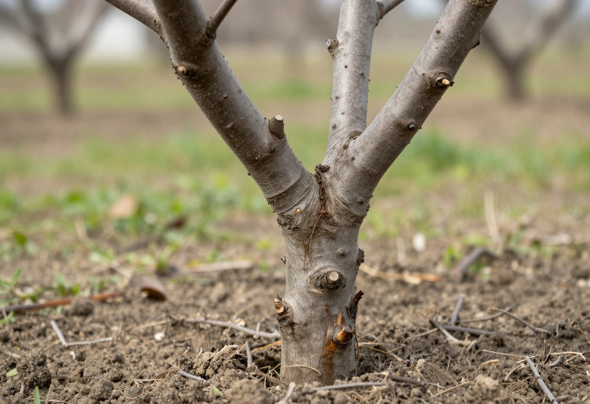 Close-up of a young fruit tree trunk showing a knobby graft union above the soil line