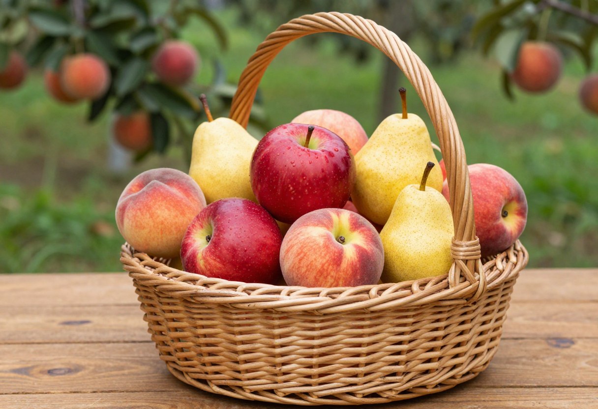 A wicker basket overflowing with freshly picked apples, pears, and peaches
