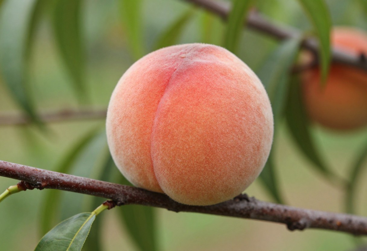 A ripe fuzzy peach still hanging on the branch in warm afternoon light