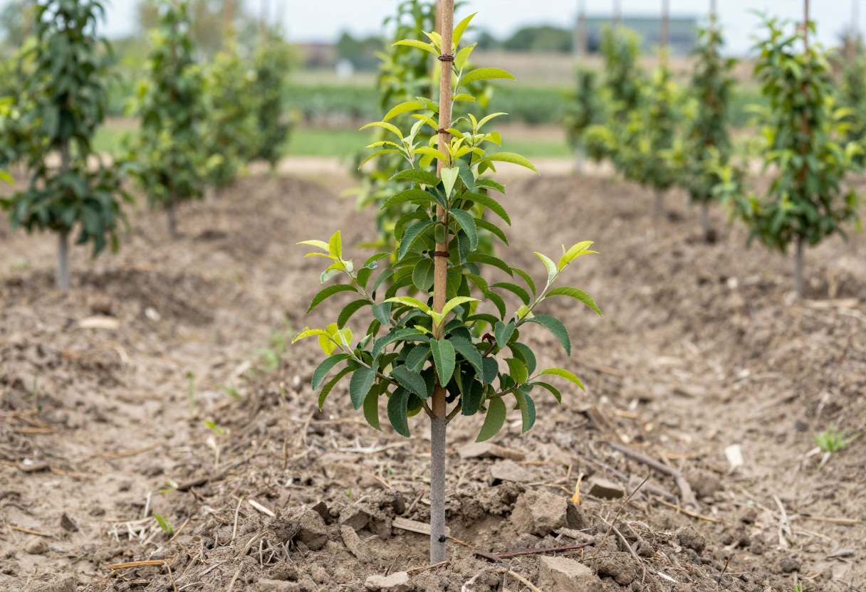 A young newly planted fruit tree whip staked upright in an orchard row