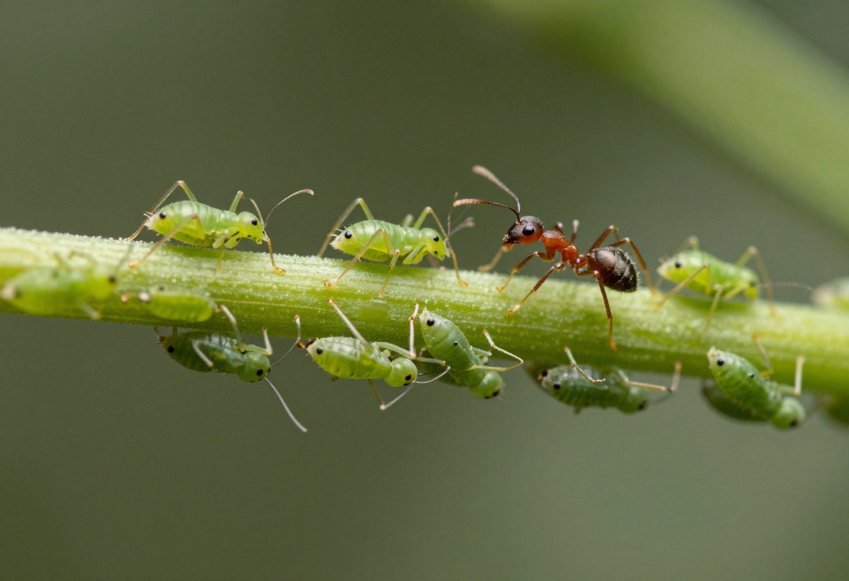Extreme macro of a cluster of green aphids on a plant stem with an ant walking among them