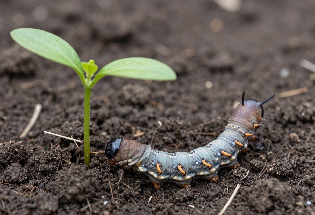 A gray-brown C-shaped cutworm caterpillar curled in dark soil next to a seedling