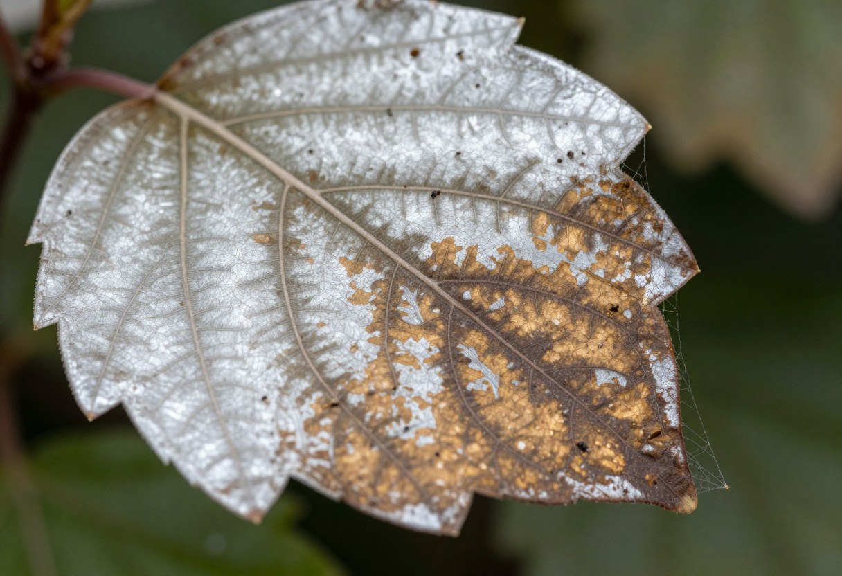 Close-up of a leaf with silvery stippled bronze discoloration and fine spider mite webbing