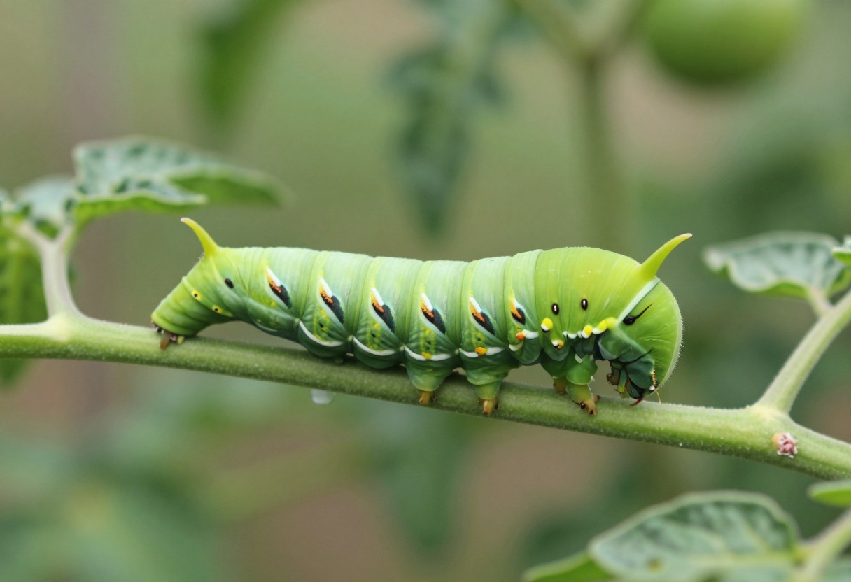 A large green tomato hornworm with white diagonal stripes camouflaged on a tomato plant stem