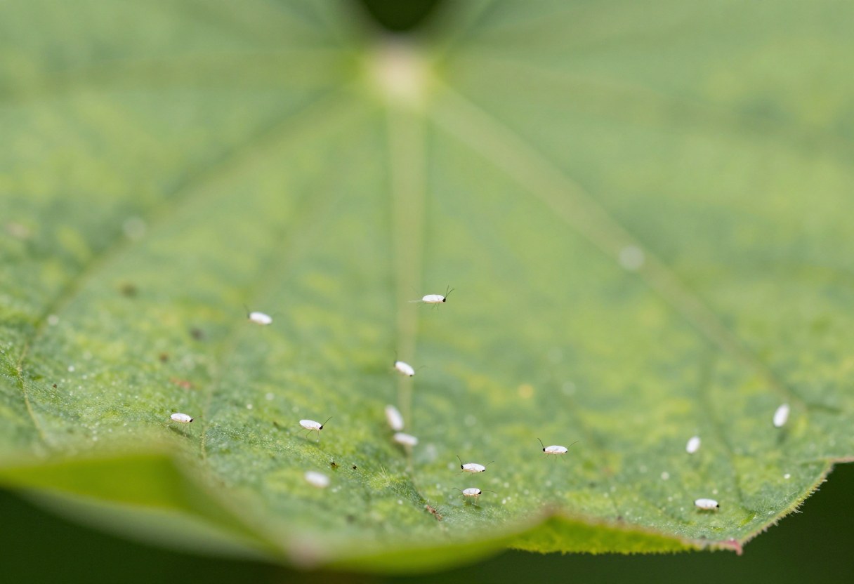 Tiny white whitefly insects flying up from the underside of a disturbed green leaf