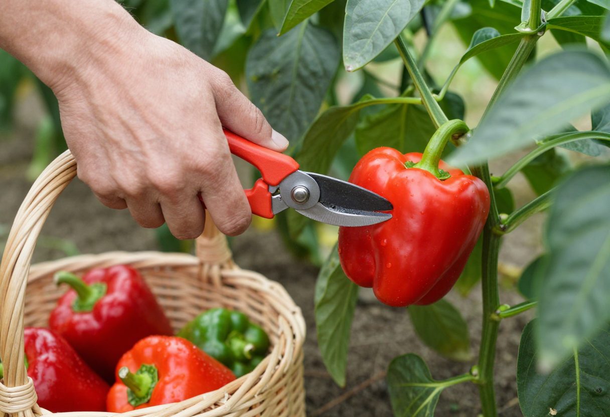 A gardener cutting a ripe red bell pepper from a plant with pruners into a basket of harvested peppers