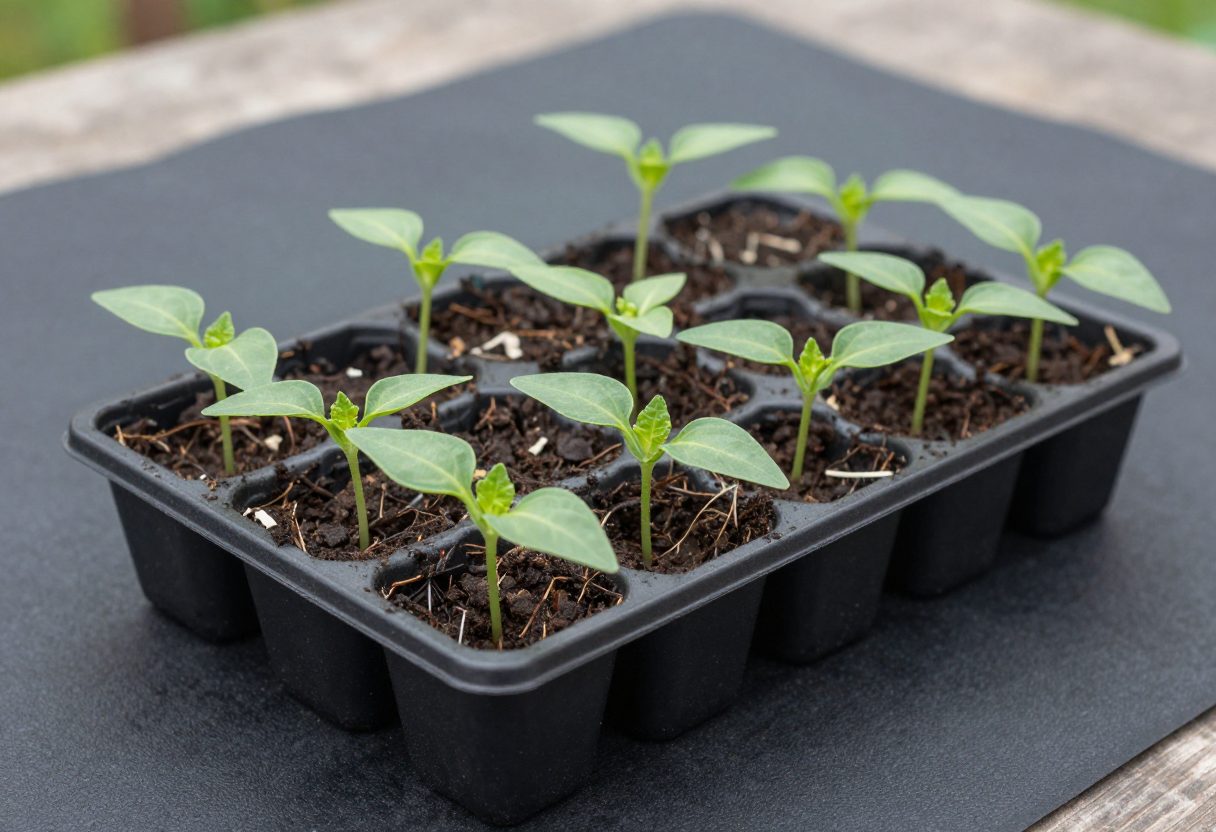 Young pepper seedlings growing in a black seed starting tray sitting on a seedling heat mat