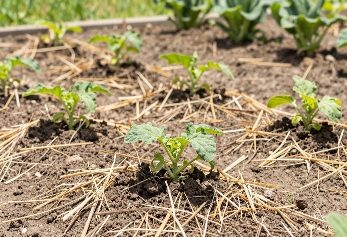 Young squash plants growing on rounded mounds of dark soil in a sunny garden with mulch