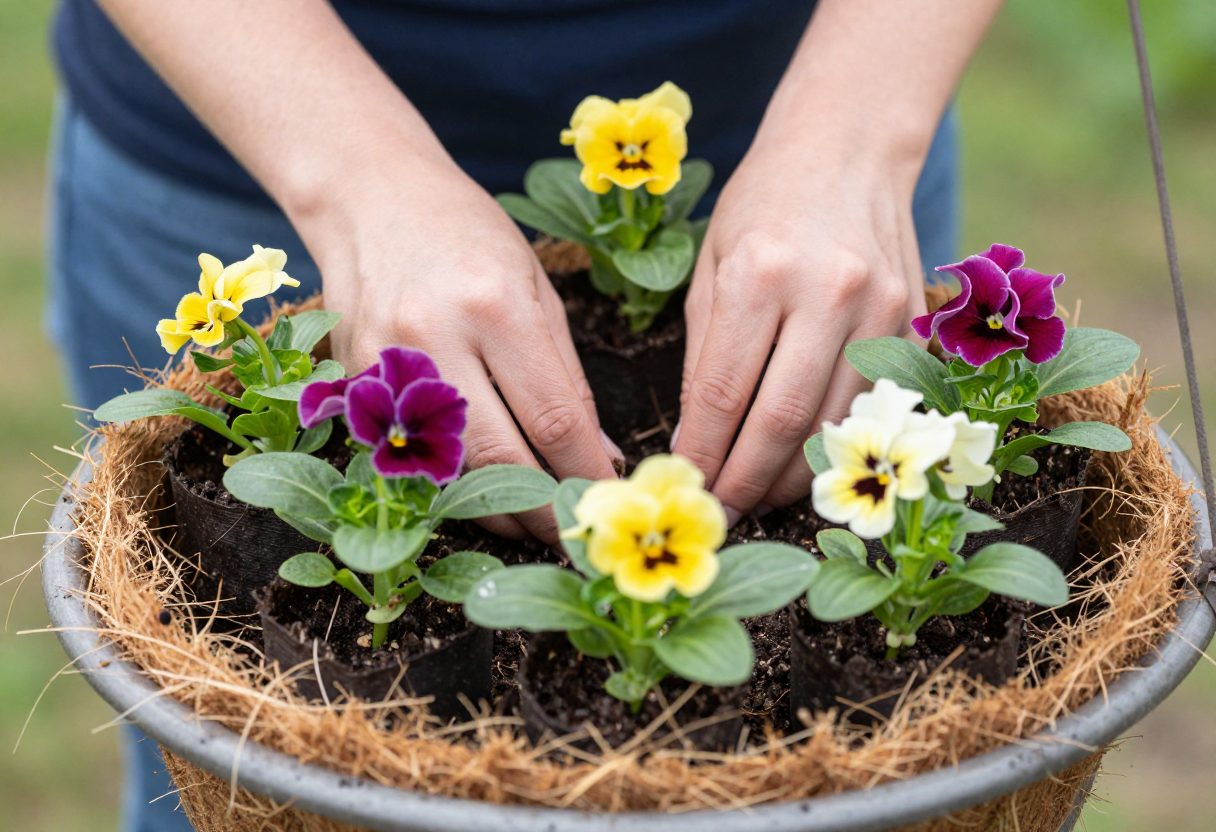 Hands planting several small flowering plants closely together into a hanging basket