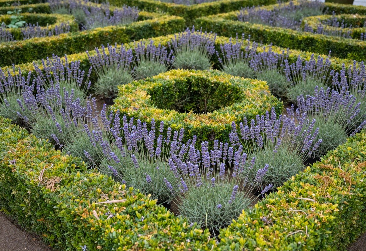 A formal clipped boxwood knot garden pattern with lavender growing within the geometric hedges