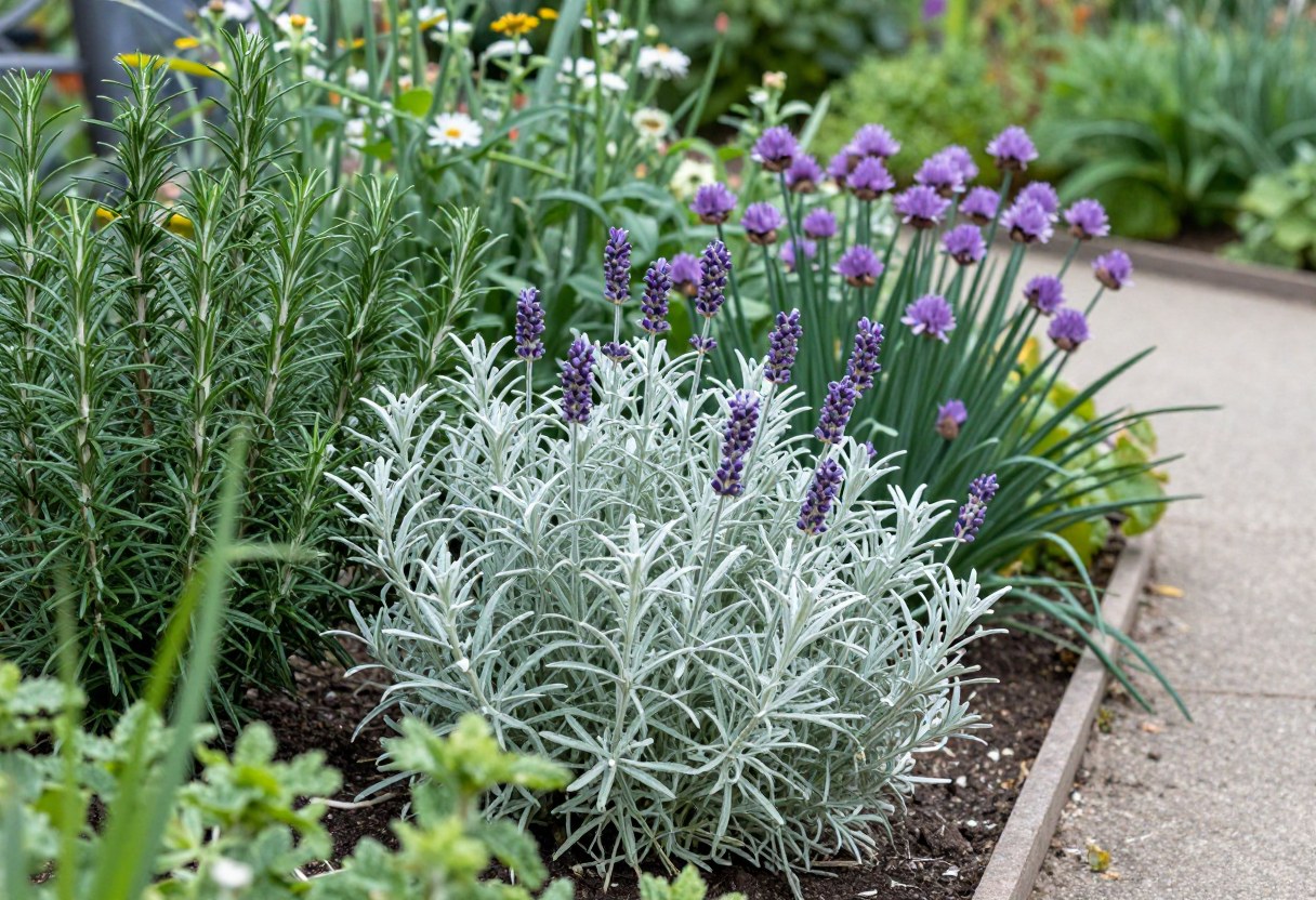 A lush herb garden bed with silvery lavender, dark green rosemary, and purple-flowering chives