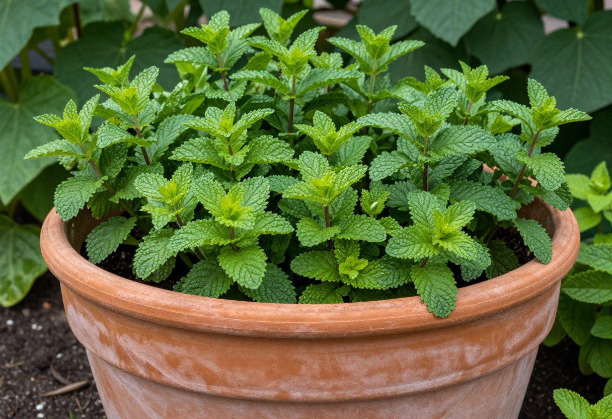 A large terracotta container densely planted with different varieties of mint