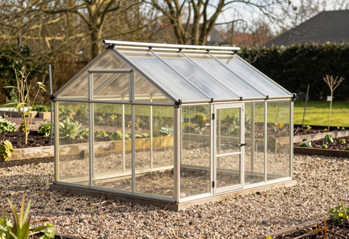 A small greenhouse sitting on a level gravel base in an open sunny yard with low winter sunlight