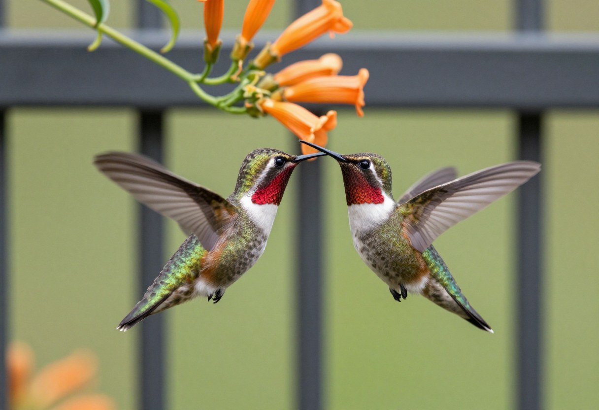 A ruby-throated hummingbird with a red throat feeding from orange trumpet honeysuckle vine flowers on a trellis