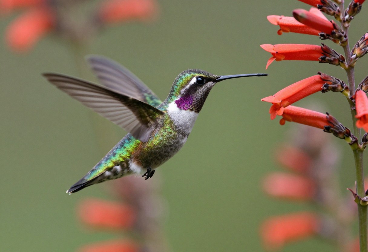 A hummingbird with an iridescent green back hovering beside a red tubular flower