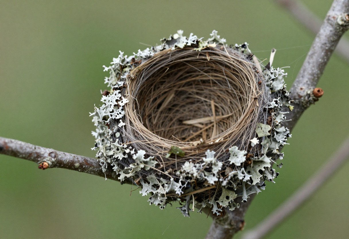 A tiny hummingbird nest made of plant fiber and camouflaged with lichen, resting on a thin tree branch