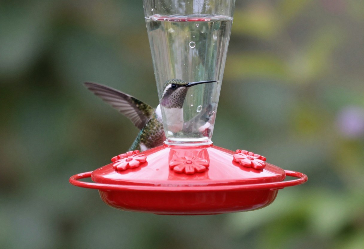 A bright red saucer-style hummingbird feeder filled with clear nectar hanging in a garden