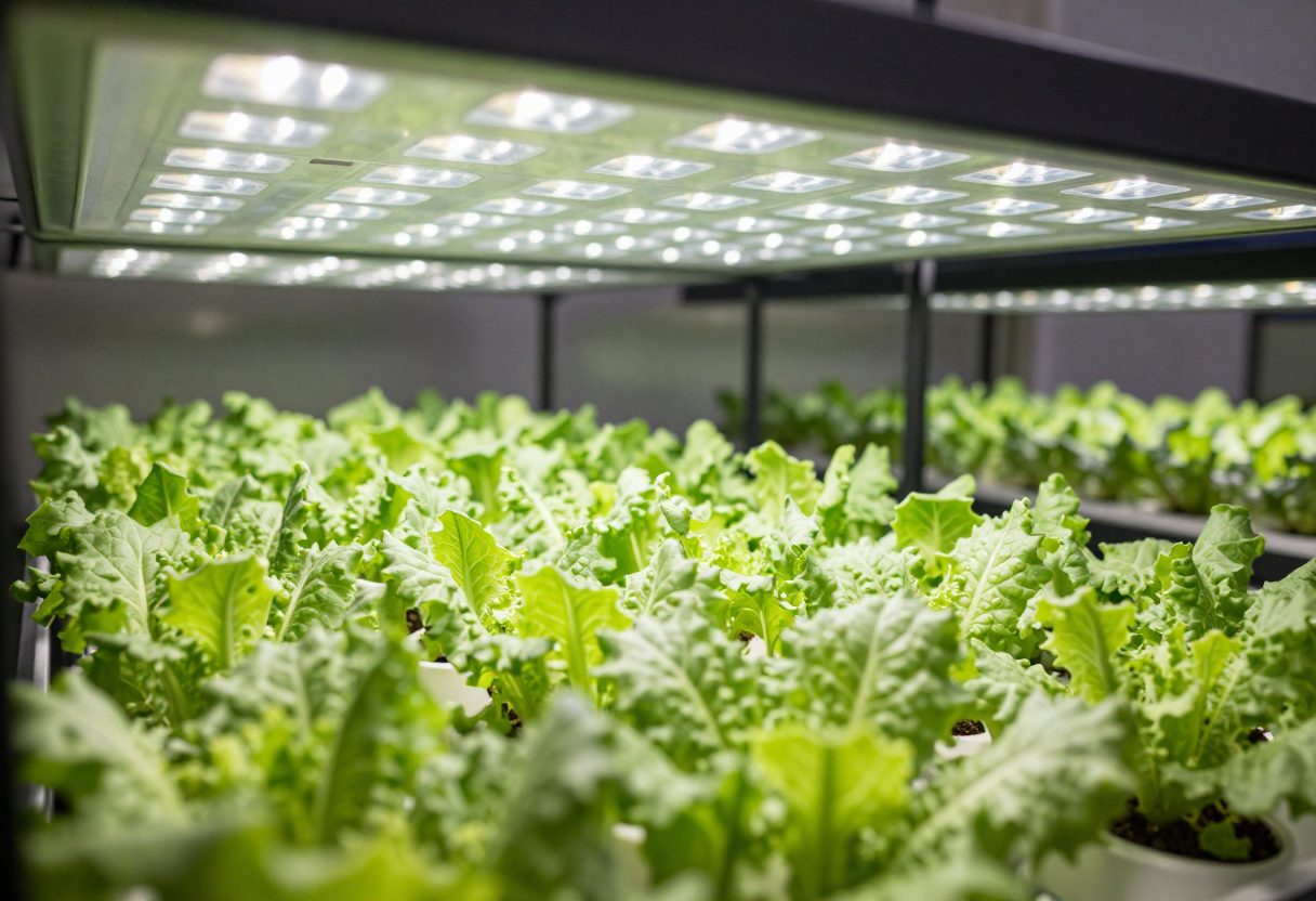 The inside of a grow tent with an LED grow light above rows of healthy leafy plants