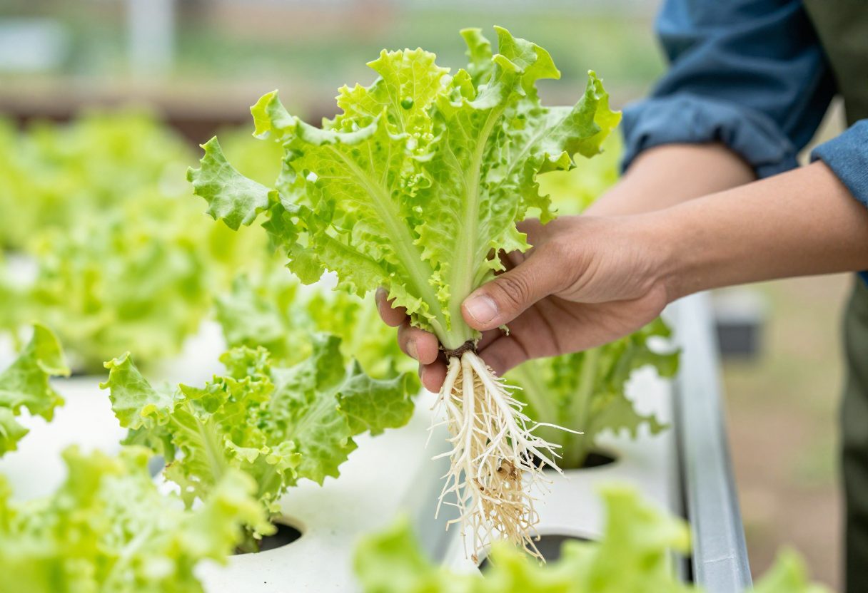 A gardener inspecting the healthy white roots of a hydroponic lettuce plant