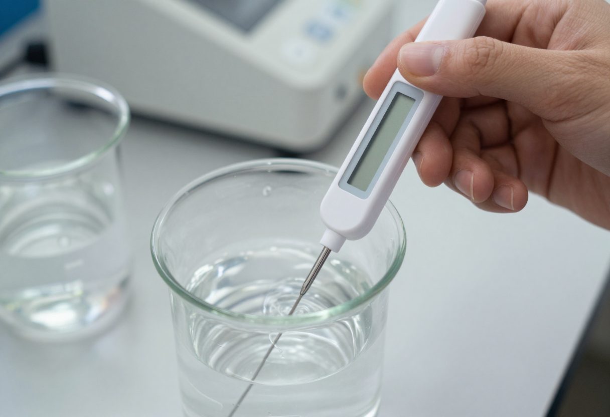 A digital pH pen being held in a glass of water on a workbench with the display out of focus