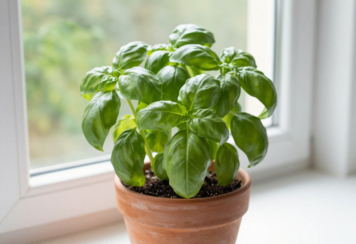 A lush basil plant growing in a pot on a sunny kitchen windowsill