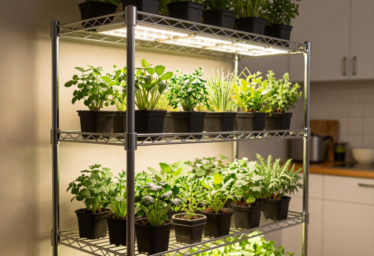 A tiered wire shelving unit with LED grow lights mounted above rows of potted herbs