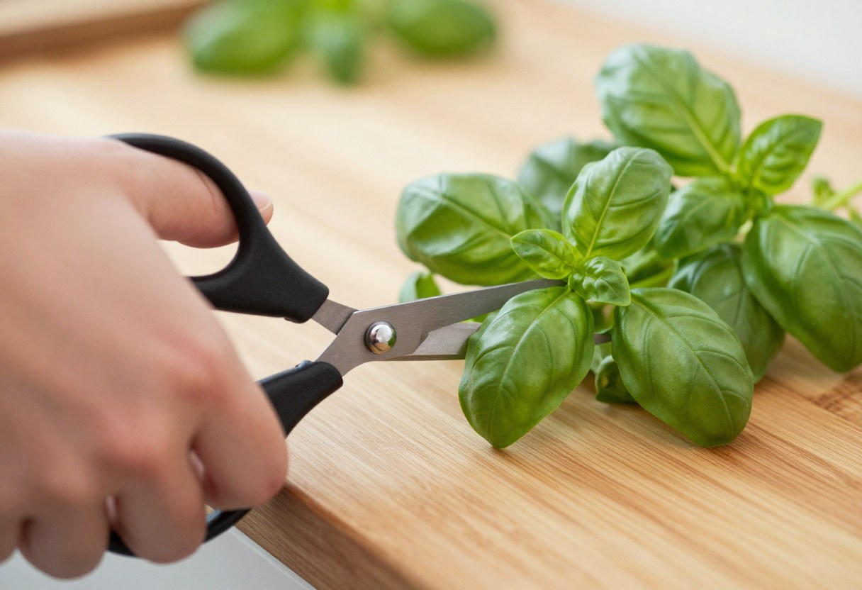 A hand snipping fresh basil stems with small scissors above a kitchen counter