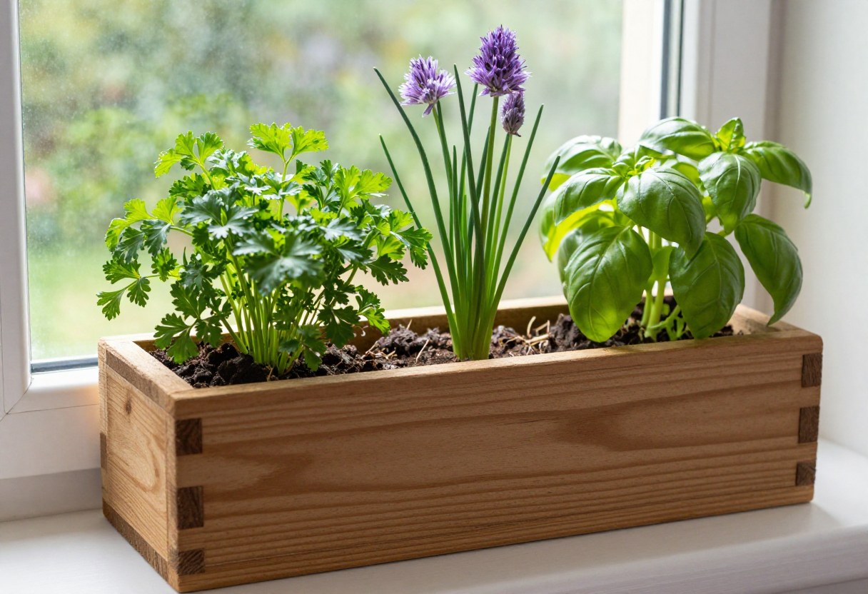 A wooden window box planted with parsley, chives, and basil on a sunny sill