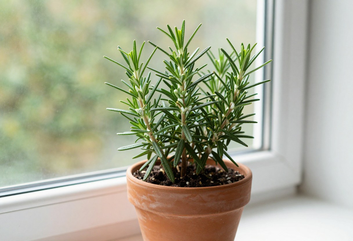 A woody rosemary plant growing in a terra cotta pot on a bright windowsill