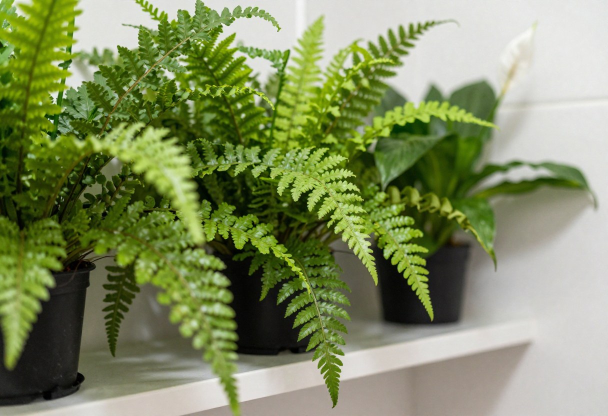 Lush ferns and a peace lily thriving on a shelf in a bright, humid bathroom