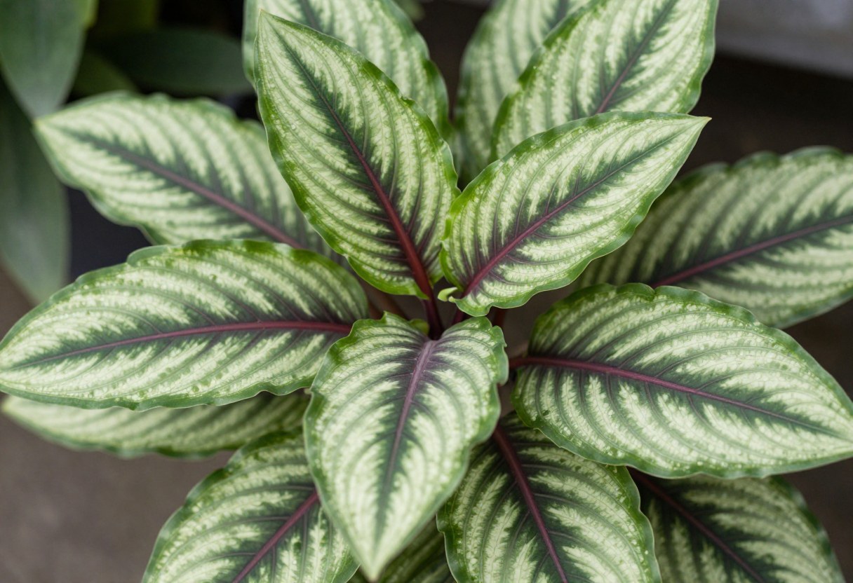 A calathea plant with dramatically patterned green, white, and purple leaves